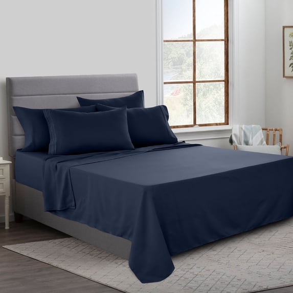 Lux Decor Collection Luxury Navy Blue Solid Print Microfiber Deep Pocket Sheet Sets King, Deep Pocket