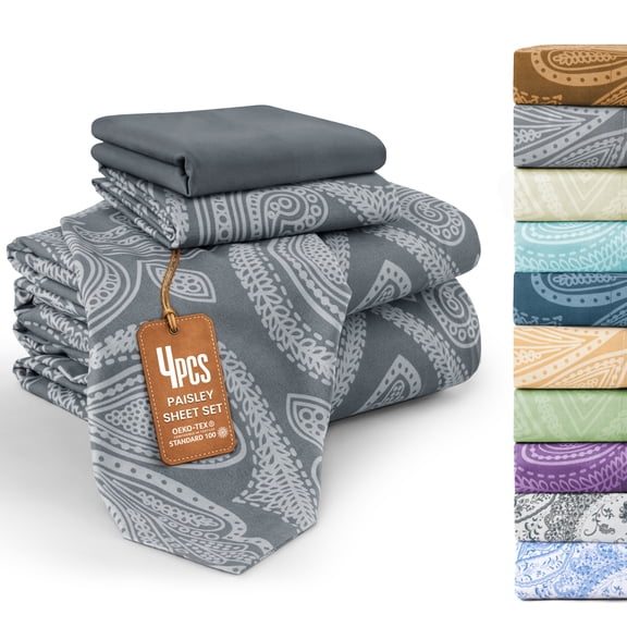 Lux Decor Twin XL 4 Piece Bed Sheet Set - Paisley Printed Microfiber Sheets, Ultra Soft, Deep Pocket, Wrinkle-Free, Breathable, OEKO-TEX Certified - Twin XL, Grey