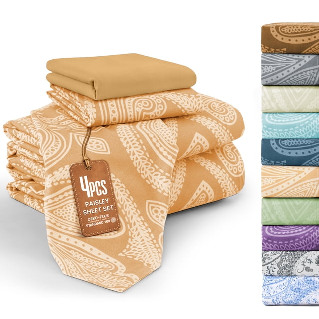 Lux Decor Twin XL 4 Piece Bed Sheet Set - Paisley Printed Microfiber Sheets, Ultra Soft, Deep Pocket, Wrinkle-Free, Breathable, OEKO-TEX Certified - Twin XL, Taupe