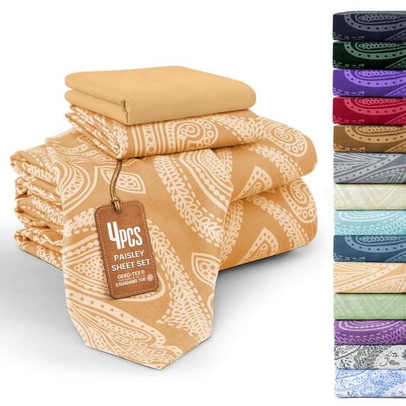 Lux Decor Twin XL 4 Piece Bed Sheet Set - Paisley Printed Microfiber Sheets, Ultra Soft, Deep Pocket, Wrinkle-Free, Breathable, OEKO-TEX Certified - Twin XL, Taupe