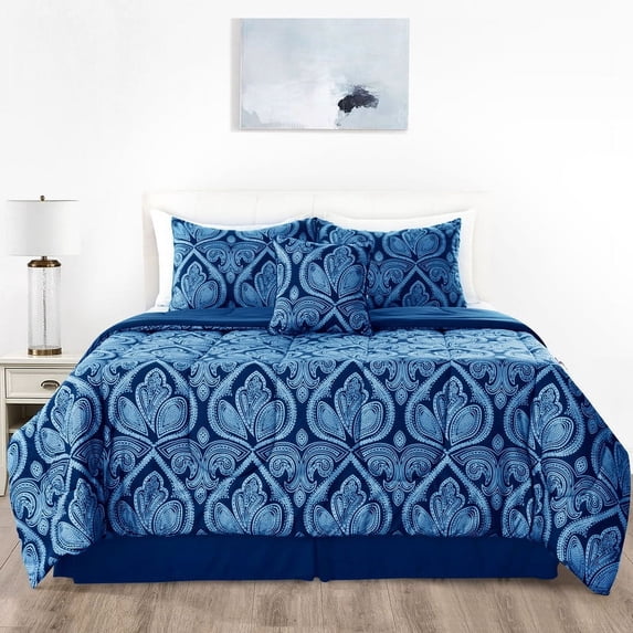 Lux Decor Collection Microfiber King Down Alternative 5 Piece Comforter Set, Navy Blue