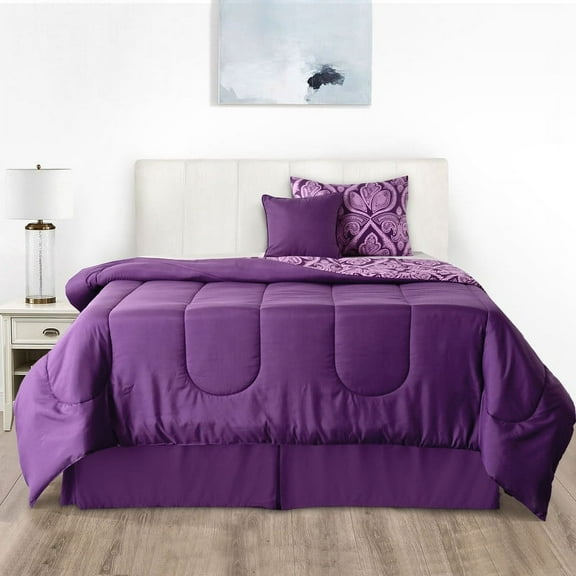 Lux Decor Collection Microfiber Reversible 4 Piece Bedding Comforter Set, Twin Size Bedding Comforter Sets - Purple