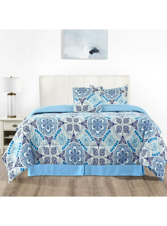 Lux Decor Collection Microfiber Reversible 4 Piece Bedding Comforter Set, Twin Size Comforter Set (Aztec Sky)