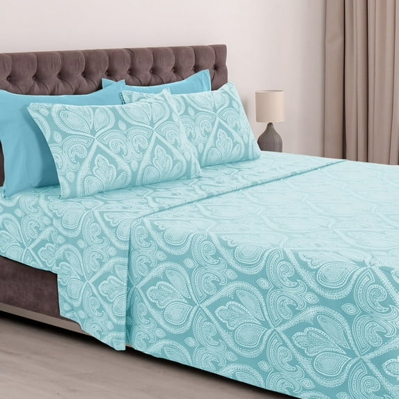 Lux Decor Collection Paisley Printed Queen Bed Sheets Set, Microfiber 6 Piece Bedding Set - Blue