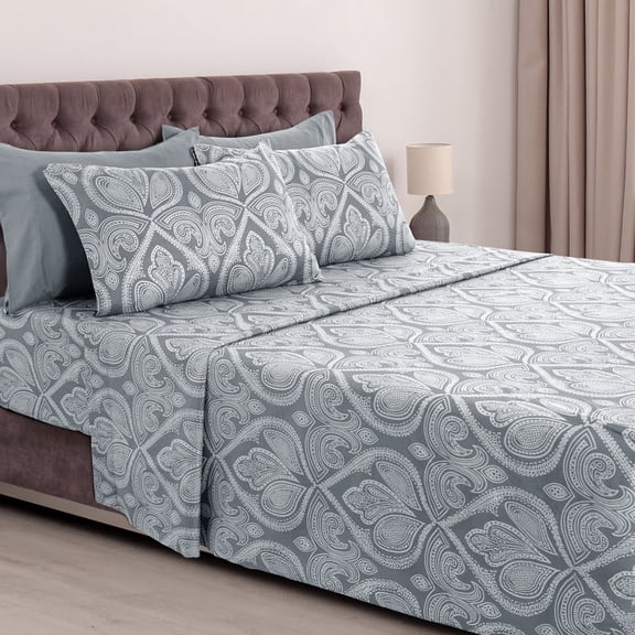 Lux Decor Collection Paisley Printed Queen Bed Sheets Set, Microfiber 6 Piece Bedding Set - Gray