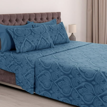 Lux Decor Collection Paisley Printed Queen Bed Sheets Set, Microfiber 6 Piece Bedding Set - Navy Blue