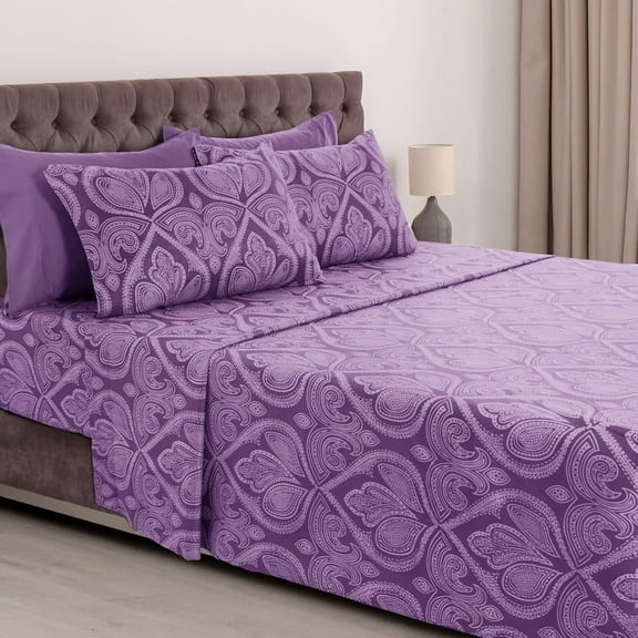 Lux Decor Collection Paisley Printed Queen Bed Sheets Set, Microfiber 6 Piece Bedding Set - Purple