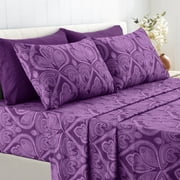 Lux Decor Collection Paisley Printed Queen Bed Sheets Set, Microfiber 6 Piece Bedding Set - Purple