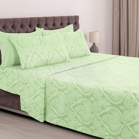 Lux Decor Collection Paisley Printed Queen Bed Sheets Set, Microfiber 6 Piece Bedding Set - Sage