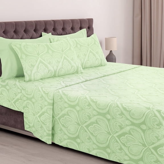 Lux Decor Collection Paisley Printed Queen Bed Sheets Set, Microfiber 6 Piece Bedding Set - Sage