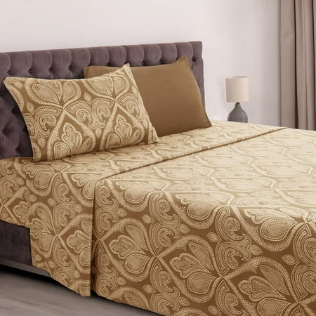 Lux Decor Collection Paisley Printed Twin Bed Sheets Set, 4 Piece Microfiber Sheets, Fitted Sheet, Flat Sheet, 2 Pillowcases - Brown