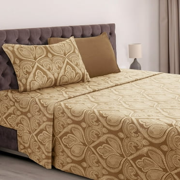 Lux Decor Collection Paisley Printed Twin Bed Sheets Set, 4 Piece Microfiber Sheets, Fitted Sheet, Flat Sheet, 2 Pillowcases - Brown