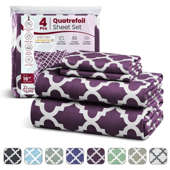 Lux Decor Queen Bed Sheets Set 4 Piece - Quatrefoil Pattern, Ultra Soft Polyester Sheet Deep Pocket Fit, Wrinkle Free, Breathable & Fade Resistant OEKO-TEX Certified, Purple
