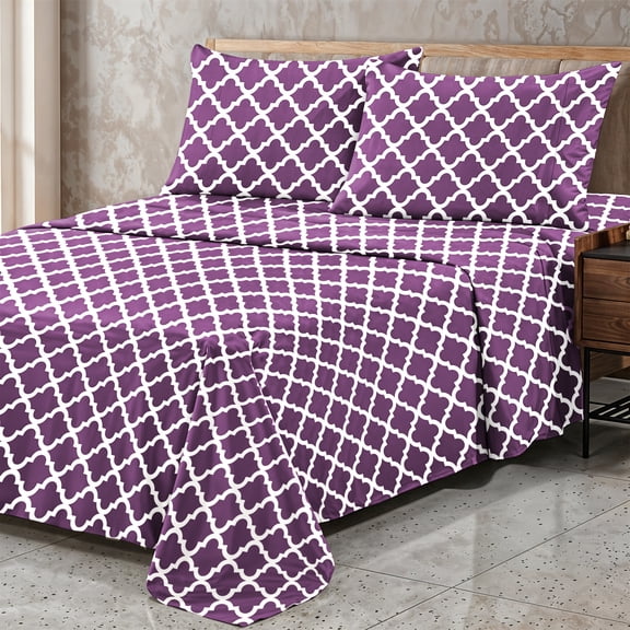 Lux Decor Queen Bed Sheets Set 4 Piece - Quatrefoil Pattern, Ultra Soft Sheet Deep Pocket Fit, Wrinkle Free, Breathable & Fade Resistant OEKO-TEX Certified, Purple