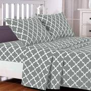 Lux Decor Collection Quatrefoil Bed Sheet Set King, Grey/White, 4 Piece Deep Pocket 1800 Series Microfiber Bed Sheet Set Contains 1 Fitted Bed Sheet, 1 Flat Sheet, 2 Pillow Cases.
