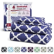Lux Decor Queen Sheets Set 4 Piece - Quatrefoil Pattern, Ultra Soft Polyester Sheet Deep Pocket Fit, Wrinkle Free, Breathable & Fade Resistant OEKO-TEX Certified, Navy Blue