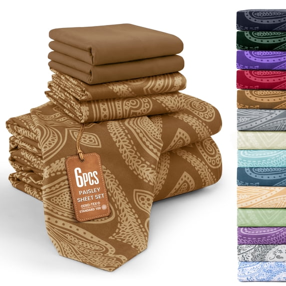 Lux Decor Queen 6 Piece Bed Sheet Set - Paisley Printed Microfiber Sheets, Ultra Soft, Deep Pocket, Wrinkle-Free, Breathable, OEKO-TEX Certified - Queen, Brown