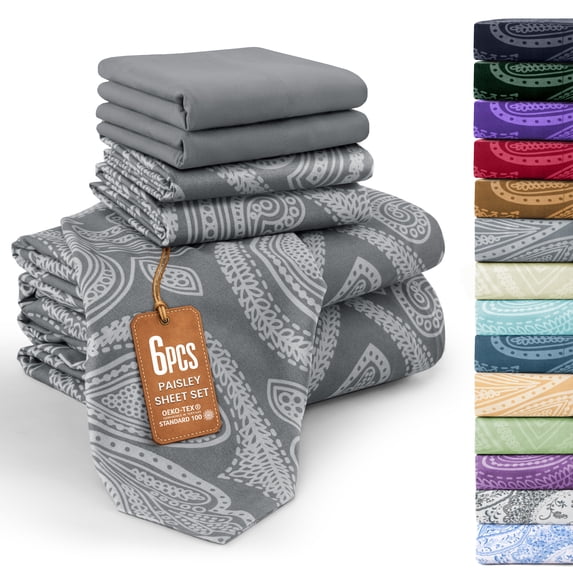 Lux Decor Queen 6 Piece Bed Sheet Set - Paisley Printed Microfiber Sheets, Ultra Soft, Deep Pocket, Wrinkle-Free, Breathable, OEKO-TEX Certified - Queen, Grey
