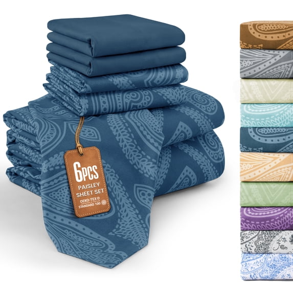 Lux Decor Queen 6 Piece Bed Sheet Set - Paisley Printed Microfiber Sheets, Ultra Soft, Deep Pocket, Wrinkle-Free, Breathable, OEKO-TEX Certified - Queen, Navy Blue