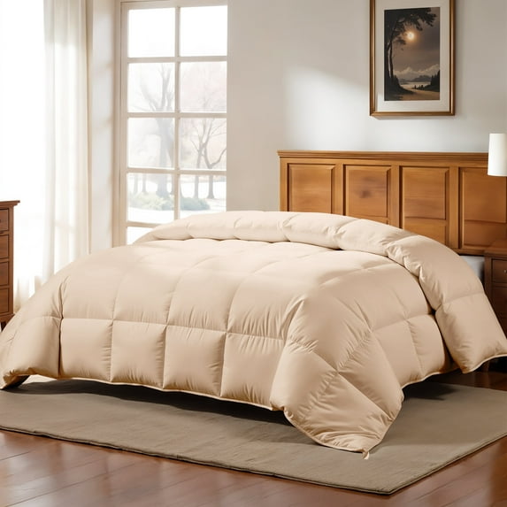 Lux Decor Collection Queen Comforter - Box Stitched Down Alternative Quilted Duvet Insert with Corner Tabs - Beige