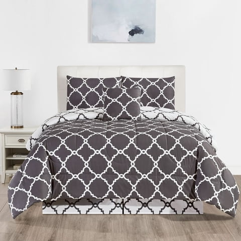 Lux Decor Collection Queen Comforter Set - 5 Piece Reversible Microfiber Bedding Comforter Set (Queen, Grey White)