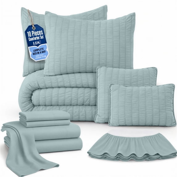 Lux Decor 10-Piece Queen Comforter Set with Sheets — Complete Bed in a Bag with Bed Skirt & Accent Pillows Included, 280 GSM Cooling Seersucker, OEKO-TEX Certified All-Season Bedding Set, Aqua Blue