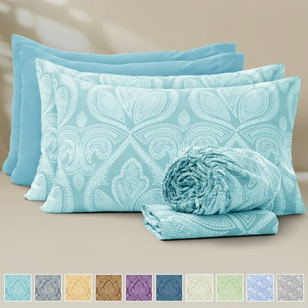 Lux Decor 6 Piece Queen Bed Sheets Set – Ultra-Soft Microfiber, Paisley Print, Upto 16" Deep Pocket Fitted Sheet, Flat Sheet & 4 Pillowcases, Blue