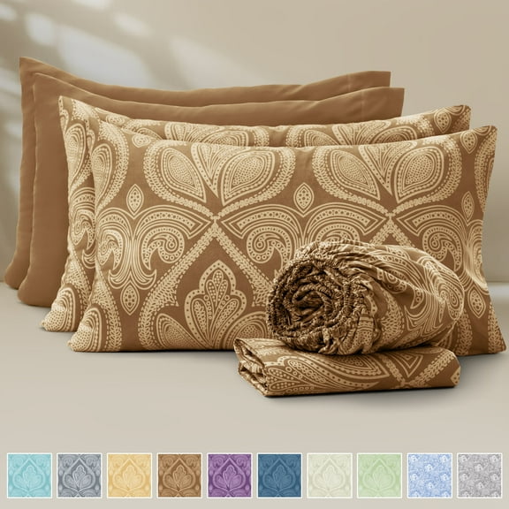 Lux Decor Queen 6 Piece Sheet Set – Ultra-Soft Microfiber, Paisley Print, Upto 16" Deep Pocket Fitted Sheet, Flat Sheet & 4 Pillowcases, Brown