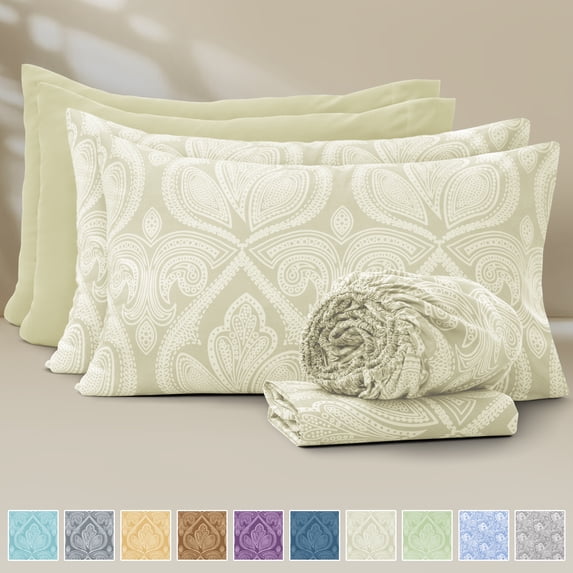 Lux Decor 6 Piece Queen Sheet Set – Ultra-Soft Microfiber, Paisley Print, Upto 16" Deep Pocket Fitted Sheet, Flat Sheet & 4 Pillowcases, Ivory