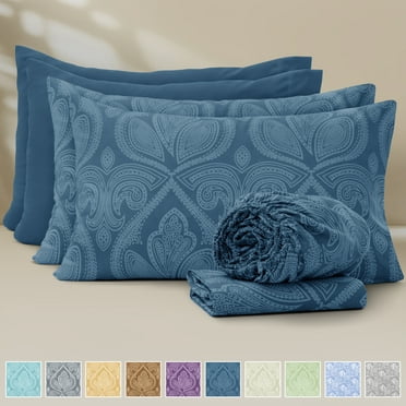 Lux Decor 6 Piece Queen Sheet Set – Ultra-Soft Microfiber, Paisley Print, Upto 16" Deep Pocket Fitted Sheet, Flat Sheet & 4 Pillowcases, Navy Blue