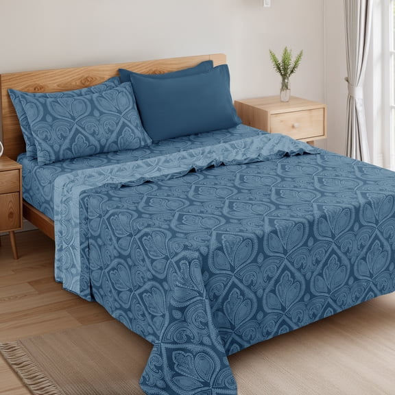 Lux Decor 6 Piece Queen Sheet Set – Ultra-Soft Microfiber, Paisley Print, Upto 16" Deep Pocket Fitted Sheet, Flat Sheet & 4 Pillowcases, Navy Blue