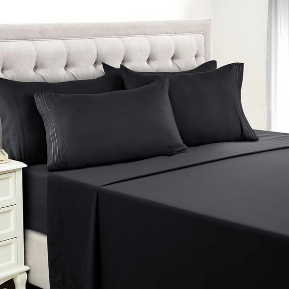 Lux Decor Collection Queen Sheets Set - 6 Piece Microfiber 16 Inch Deep Pocket Bed Sheets Set - Black