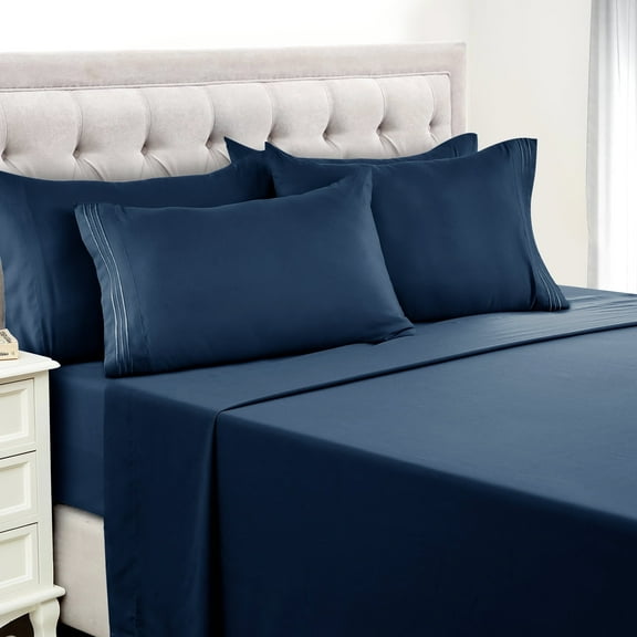 Lux Decor Collection Queen Sheets Set - 6 Piece Microfiber 16 Inch Deep Pocket Bed Sheets Set - Navy Blue