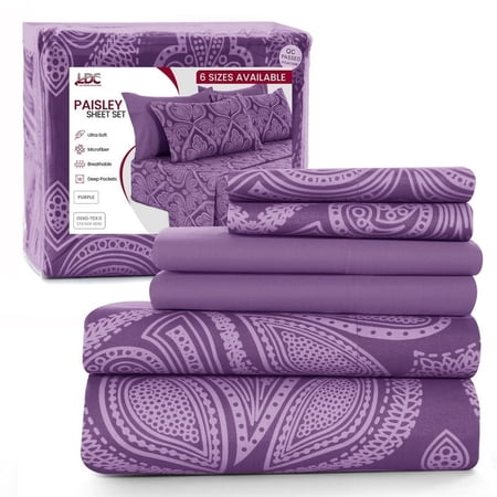 Lux Decor Collection Queen Size Bed Sheets - 6 Piece Brushed Microfiber Sheets - 16 Inches Deep Pocket Bedding Sheets & Pillowcases (Queen, Paisley Purple)
