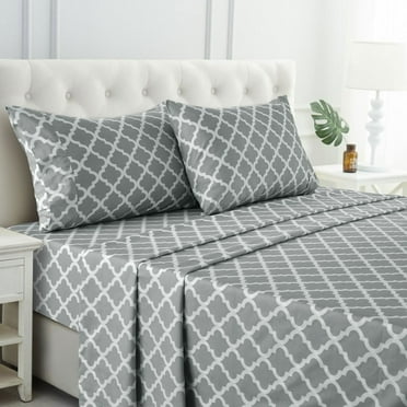 Lux Decor Collection Queen Size Bed Sheets Set, 4 Piece Microfiber Deep Pocket Fitted Sheet, Flat Sheet & Pillowcases Bedding Sheets Set - Gray White