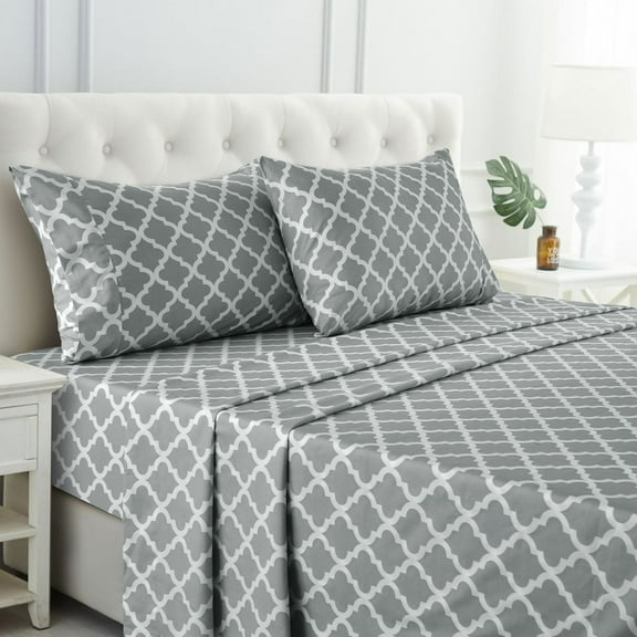Lux Decor Collection Queen Size Bed Sheets Set, 4 Piece Microfiber Deep Pocket Fitted Sheet, Flat Sheet & Pillowcases Bedding Sheets Set - Gray White