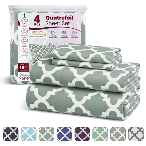 Lux Decor Queen Bed Sheets Set 4 Piece - Quatrefoil Pattern, Ultra Soft Polyester Sheet Deep Pocket Fit, Wrinkle Free, Breathable & Fade Resistant OEKO-TEX Certified, Grey