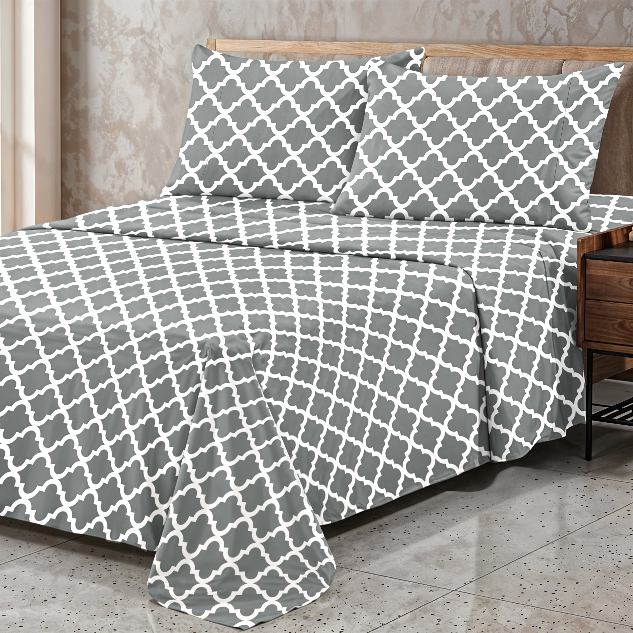 Lux Decor Queen Bed Sheets Set 4 Piece - Quatrefoil Pattern, Ultra Soft Sheet Deep Pocket Fit, Wrinkle Free, Breathable & Fade Resistant OEKO-TEX Certified, Grey