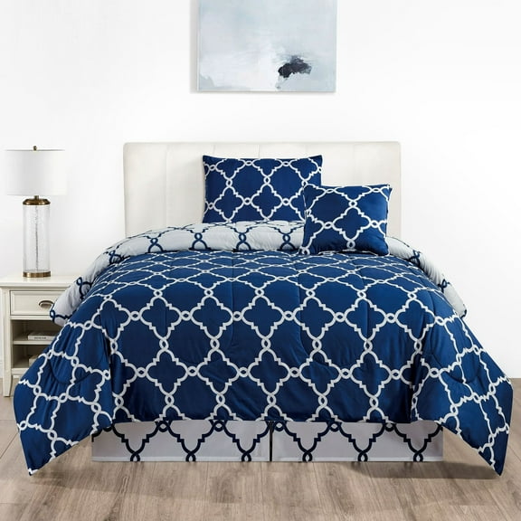 Lux Decor Collection Reversible Microfiber Twin/Twin XL 4 Piece Comforter Set - Washable Polyester Comforter Bedding Set (Quatrefoil, Navy)