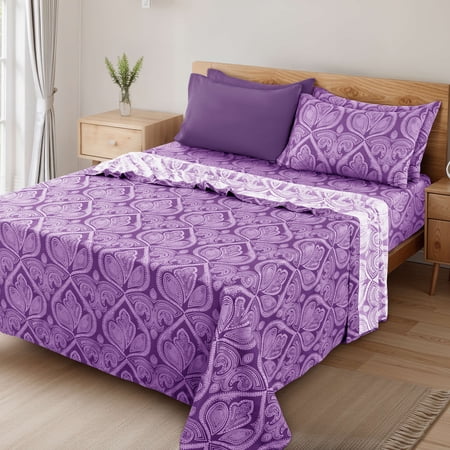Lux Decor 6 Piece Queen Sheet Set – Ultra-Soft Microfiber, Paisley Print, Upto 16" Deep Pocket Fitted Sheet, Flat Sheet & 4 Pillowcases, Purple