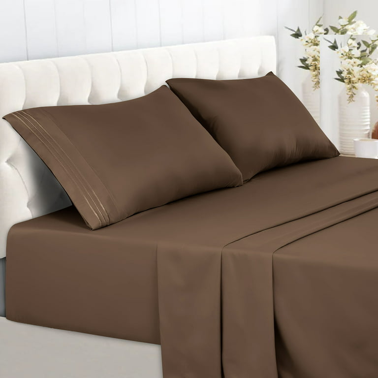 4 Piece Microfiber Bed Sheets Set, King Queen Full Twin Deep pocket fitted  Sheet, Flat Sheet, 2 Pillowcases (Queen,Brown)