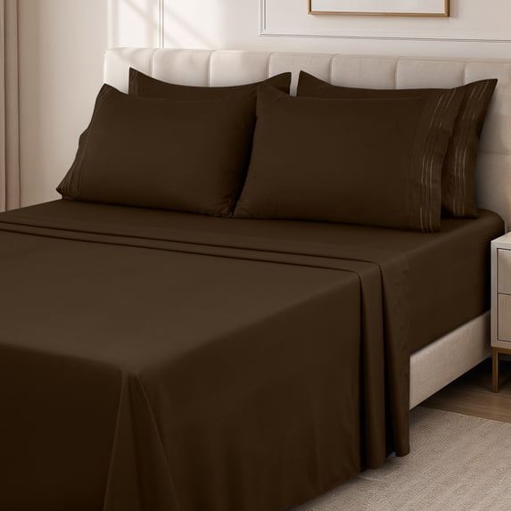 Lux Decor Queen Sheet Set 6 Piece - Deep Pocket Queen Sheets, Soft Microfiber Bed Sheets Queen, Brown