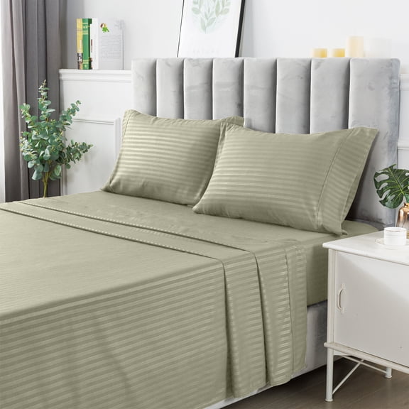 Lux Decor Collection Stripes Bed Sheet Set (Queen, Green), 4 Piece Deep Pocket 1800 Series Microfiber Bed Sheet Set Contains (1 Fitted Bed Sheet, 1 Flat Sheet, 2 Pillow Covers)