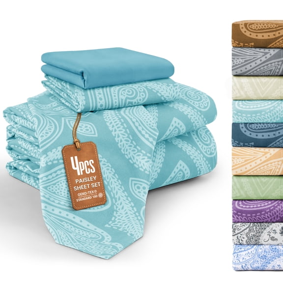 Lux Decor Twin 4 Piece Bed Sheet Set - Paisley Printed Microfiber Sheets, Ultra Soft, Deep Pocket, Wrinkle-Free, Breathable, OEKO-TEX Certified - Twin, Blue