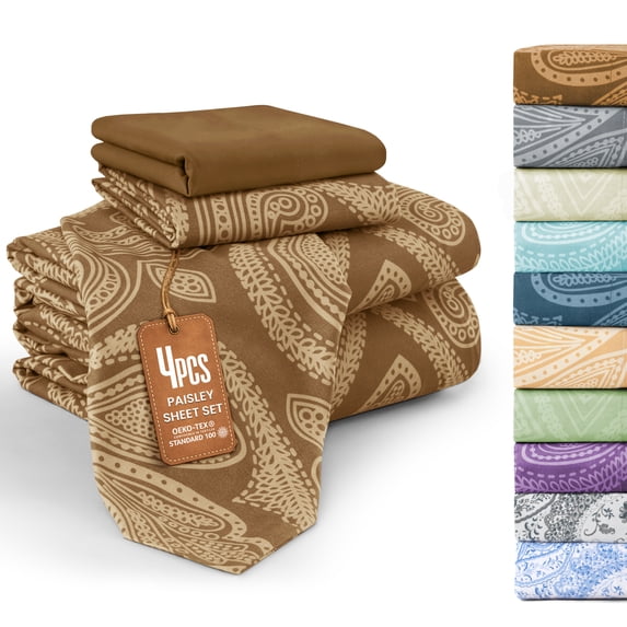 Lux Decor Twin 4 Piece Bed Sheet Set - Paisley Printed Microfiber Sheets, Ultra Soft, Deep Pocket, Wrinkle-Free, Breathable, OEKO-TEX Certified - Twin, Brown