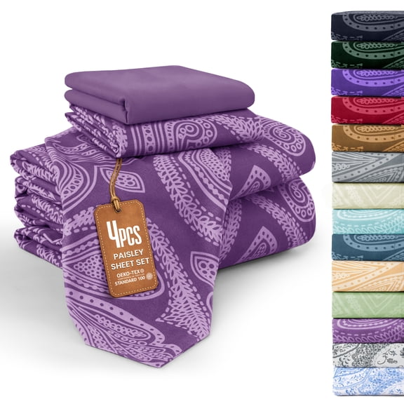 Lux Decor Twin 4 Piece Bed Sheet Set - Paisley Printed Microfiber Sheets, Ultra Soft, Deep Pocket, Wrinkle-Free, Breathable, OEKO-TEX Certified - Twin, Purple