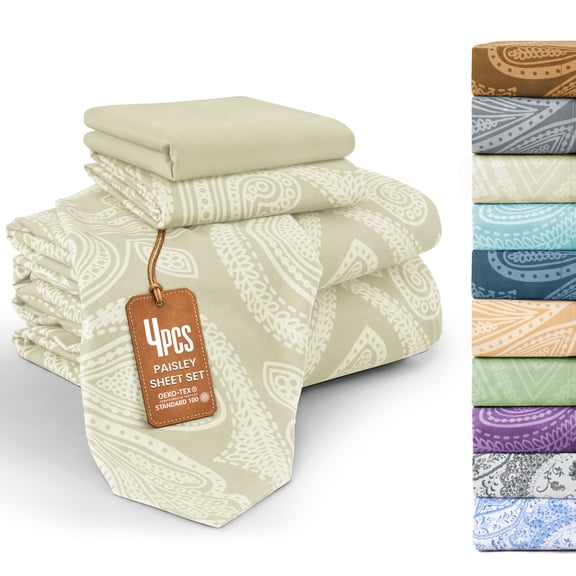 Lux Decor Twin 4 Piece Bed Sheet Set - Paisley Printed Microfiber Sheets, Ultra Soft, Deep Pocket, Wrinkle-Free, Breathable, OEKO-TEX Certified - Twin, Ivory