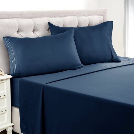 Lux Decor Collection Twin Bed Sheets Set 4 Piece - 16 Inch Deep Pocket Microfiber Sheets - Navy Blue