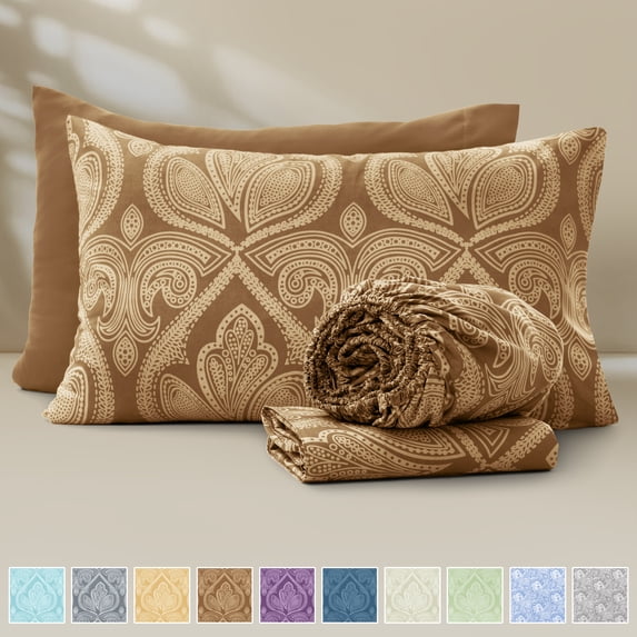 Lux Decor 4-Piece Twin Sheet Sets – Ultra-Soft Microfiber, Paisley Print, Upto 16" Deep Pocket Fitted Sheet, Flat Sheet & 2 Pillowcases, Brown