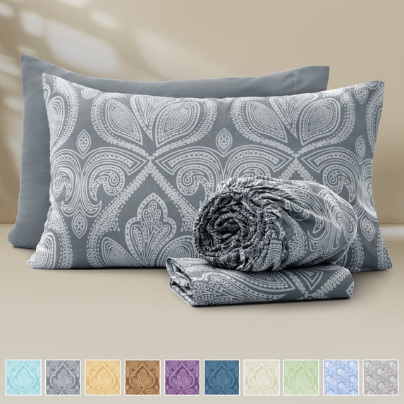 Lux Decor 4-Piece Twin Size Sheet Sets – Ultra-Soft Microfiber, Paisley Print, Upto 16" Deep Pocket Fitted Sheet, Flat Sheet & 2 Pillowcases, Grey